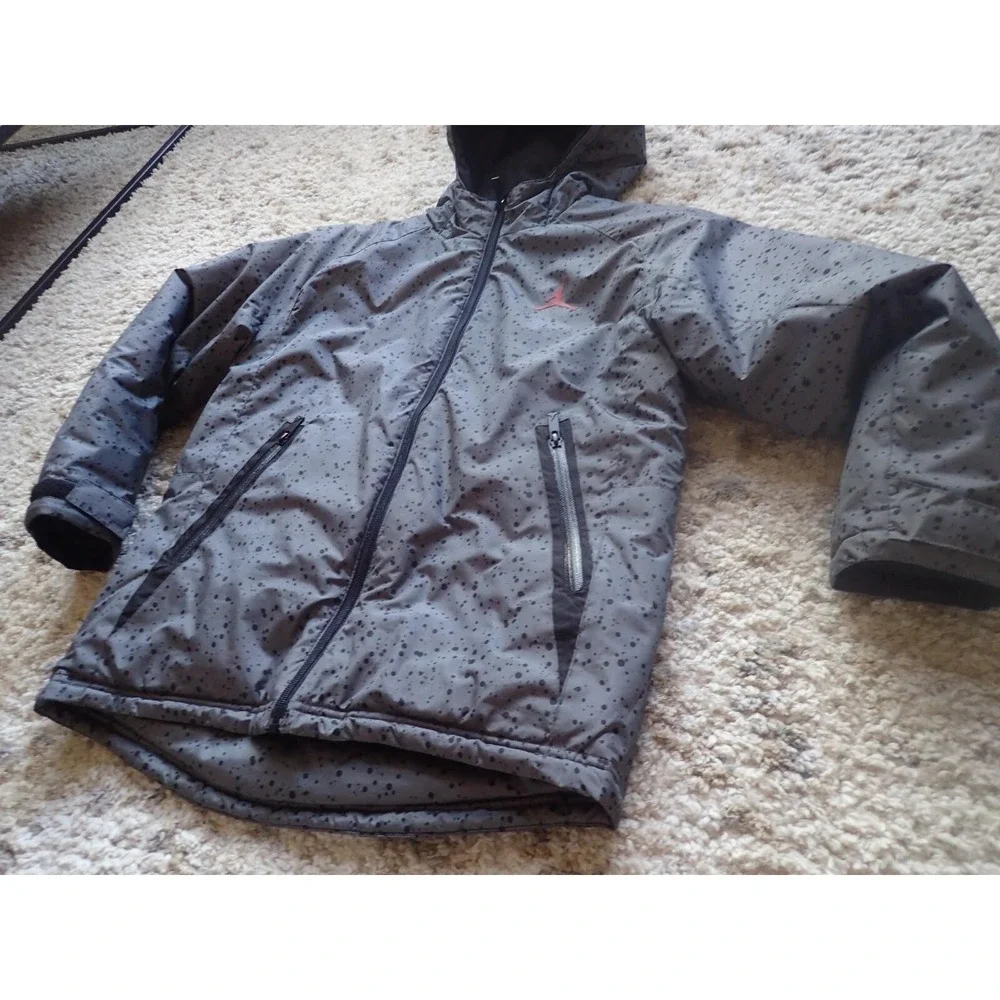 Jordan Puffer Jacket Boys Size 10-12 Grey Excellent Speckled Hooded Winter‎ Coat